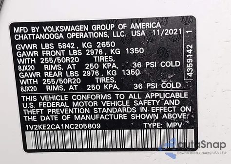 2022 Volkswagen Atlas Cross Sport 3.6L V6 Se W/Technology z USA, uszkodzony, nr VIN 1V2KE2CA1NC205809